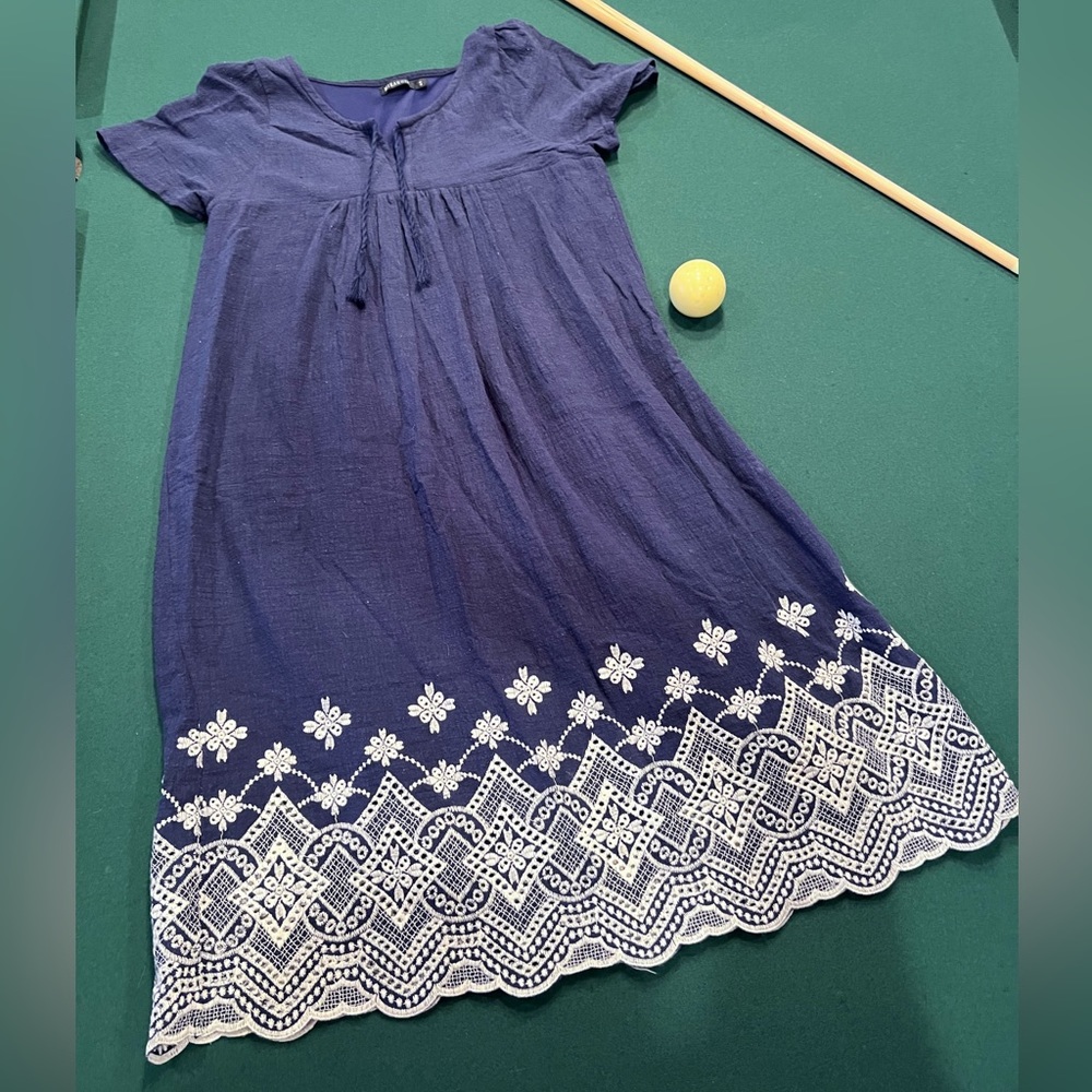 Navy Blue Mikarose Dress White Embroidery